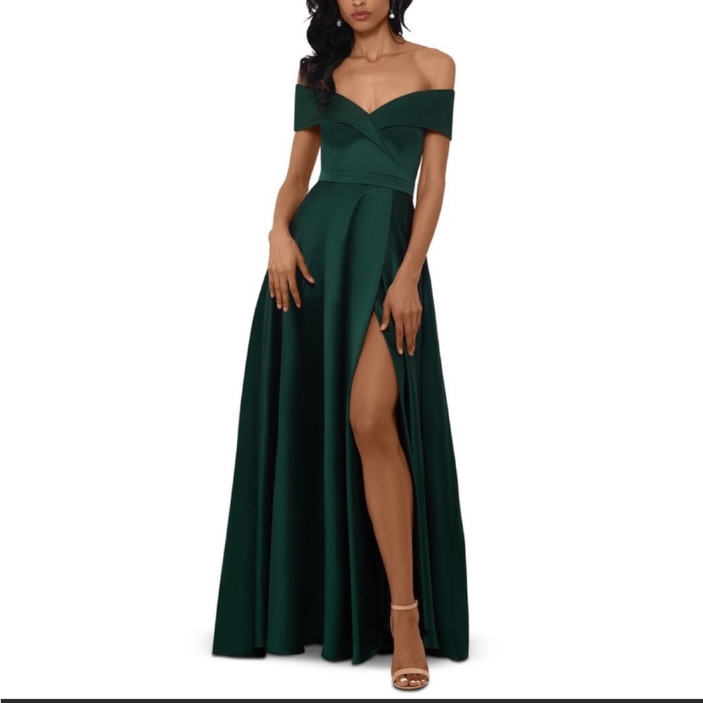 Xscape Off-Shoulder Emerald Green Prom Dress with Thigh Slit